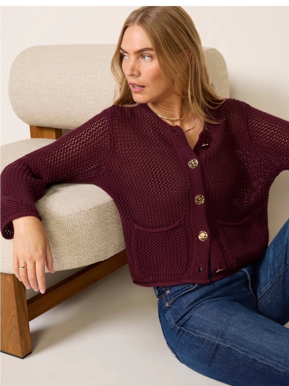 Evereve Open-Knit Button Cardigan - Wine